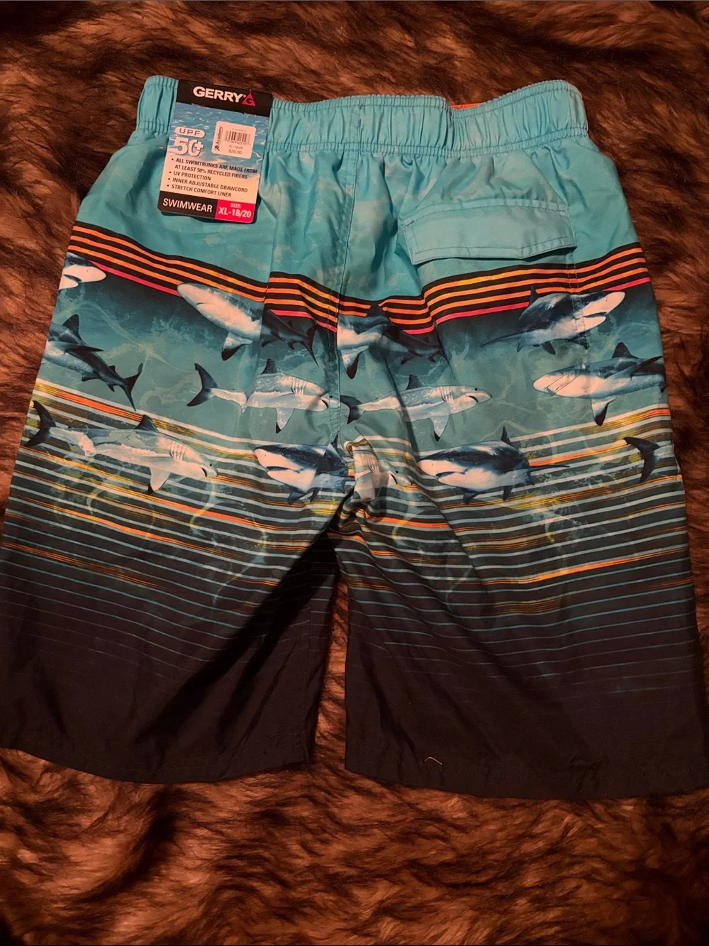Gerry Shark Print Swim Shorts with Black and Orange Hem Stripes Size XL 18/20